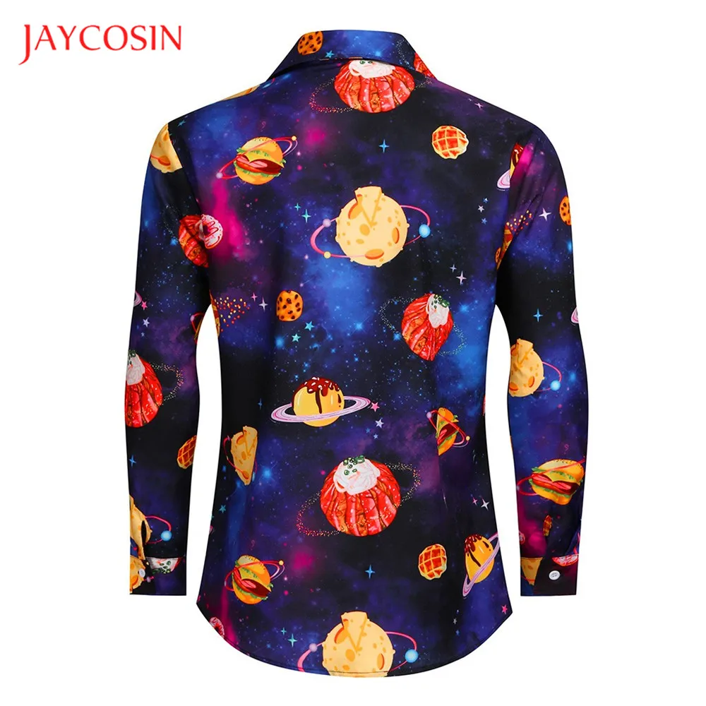 Joycosin Мужская рубашка, новинка, Мужская одежда, повседневная мода, галактика, планета, принт, v-образный вырез, длинный рукав, мужские топы, облегающая уличная рубашка