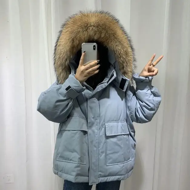 blue-brown fur Большой воротник из натурального меха енота, женская зимняя куртка, белый пуховик с капюшоном, женское плотное теплое пальто, плюс размер, пуховая парка - Цвет: blue-brown fur