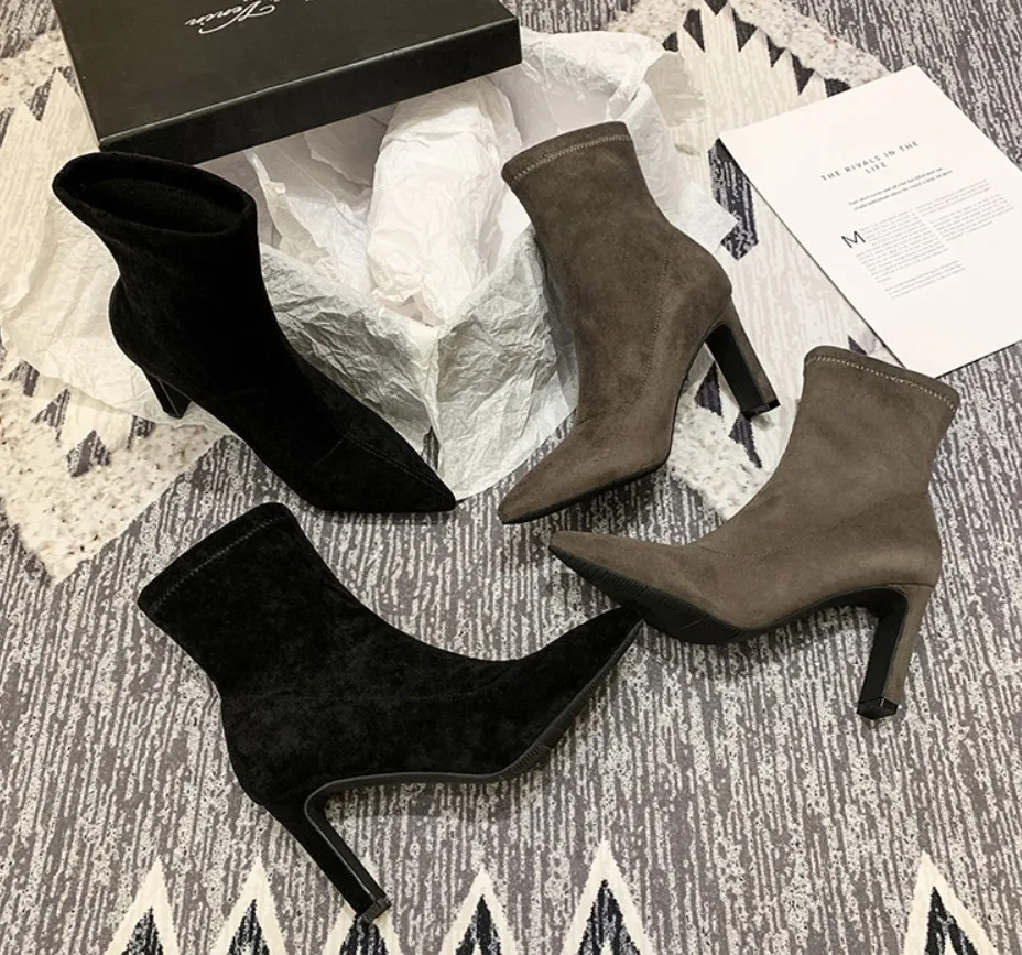 

free shipping fashion women boots Casual Designer black velvet elastic force point toe short ankle boots shoes