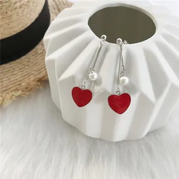 

POFUNUO 925 Sterling Silver Korean Style Girls Stylish Tassel Red Heart Charm Earrings Women Sweet Romantic Pear Dangle Earrings