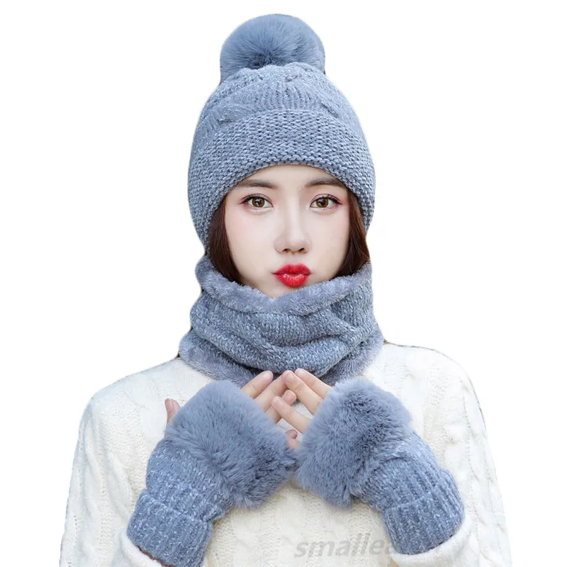 new gray blue Модная женская зимняя шапка шарф наборы перчаток для девочек теплая Толстая шапка и перчатки набор из трех частей сплошной вязаный набор шапки и шарфа для Feamle - Цвет: new gray blue