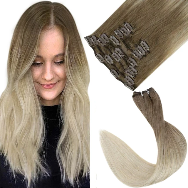 VeSunny Clip in Hair Extension Human Hair Ombre Blonde Remy Seamless Hair Extension Human Hair Brown Balayage Natural Human Hair Ba8-60
