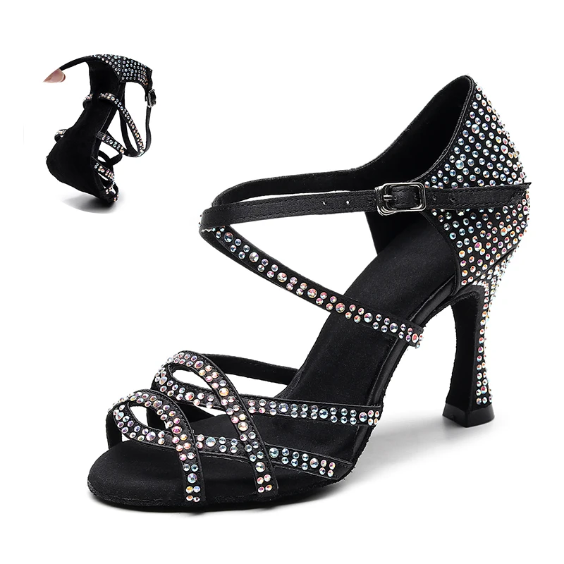 

Women Rhinestone Latin Dance Shoes Black Ballroom Salsa Dancing Shoes For Party Wedding Girls Soft Sole Practice Dance -shoes