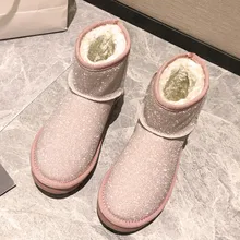 Женские зимние ботинки; Зимние ботильоны на меху; Женская Хрустальный нагреватель; модная женская обувь на платформе без застежки из плюша и замши на резиновой подошве