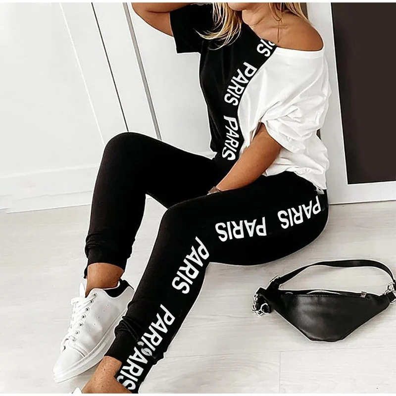 

Off Shoulder Tracksuit Sets Women's 2 Piece Set Letter Print Short Sleeve Female Top Suit 2020 Summer Sport Pant Suits Ladies