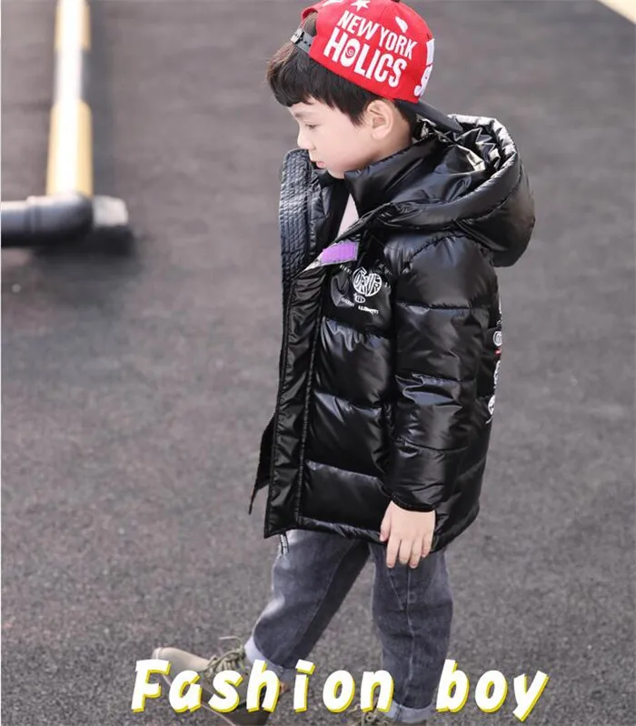 Rlyaeiz Kids Winter Jackets for Boys Parka Coats Autumn Fashion Printed Glossy 80% Down Boys Jackets Warm Outwear Age 4-13Y