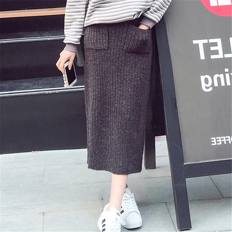 

Autumn & Winter New Style Korean-style Elasticity High-waisted Skirt Knitted Skirt Dual Pocket Yarn Long Skirts One-step Skirt