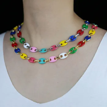 

Wholesale Iced out Rainbow Enamel Necklace Colorful coffee bead Shape Oval Link Bohemia Style Female Party Custume Jewelry Gift