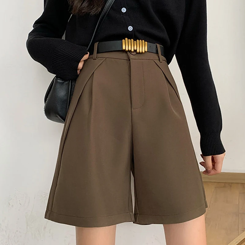 

Fashion High Waist Women Shorts Casual Half- length Shorts With Sashes Belted Women 2020 Spring Autumn Loose Pockets Shorts
