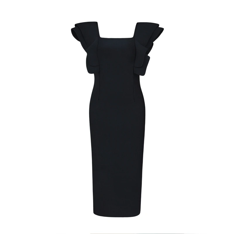 INDRESSME, новинка, женское сексуальное черное Бандажное платье, облегающее короткое платье с оборками и рукавом-бабочкой, облегающее платье с квадратным воротником, модное женское платье - Цвет: black