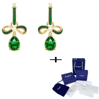

Exquisite New Gold Green Drop Bow Decoration Crystal Pierced Earrings High-end Quality Ladies Jewelry Wedding Romantic Gift