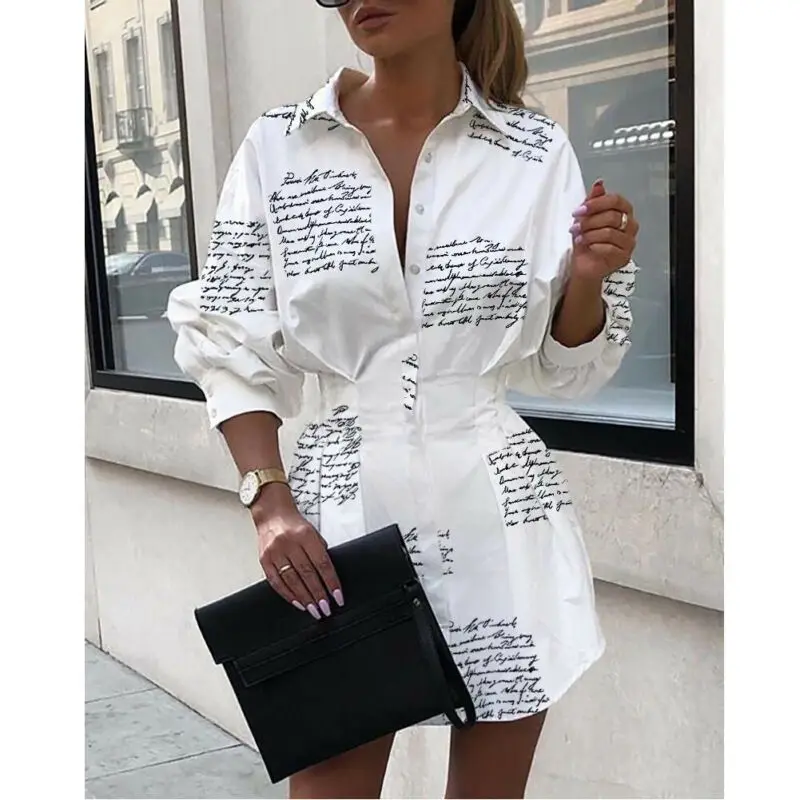 Women V-Neck Long Sleeve Blouse Casual Loose Mini Dress Shirts Blouse Top Lady Clothing Autumn Brief Long Sleeve Button Down