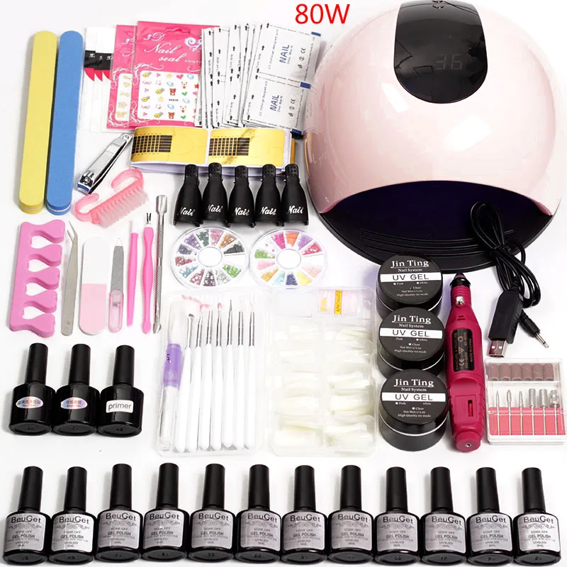 80w nail set Маникюрный набор Гель-лак для ногтей Набор для маникюра 12 цветов лак гель 36 Вт/48 Вт/80 Вт Светодиодная УФ лампа для ногтей Сушилка электрическая машинка ручка - Цвет: 80w nail set