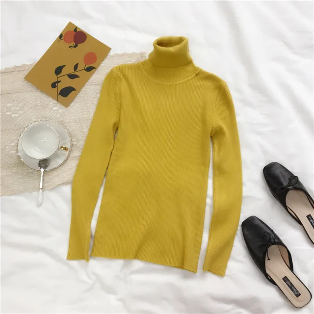 2022 Autumn Winter Thick Sweater Women Knitted Ribbed Pullover Sweater Long Sleeve Turtleneck Slim Jumper Soft Warm Pull Femme Yellow