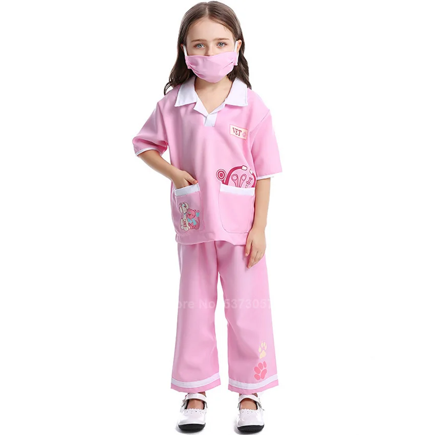 Детские комплекты одежды для девочек Детская Больничная медицинская форма, костюмы медсестры для косплея, топы с эффектом потертости+ штаны, ветеринарный доктор, Рождественский подарок