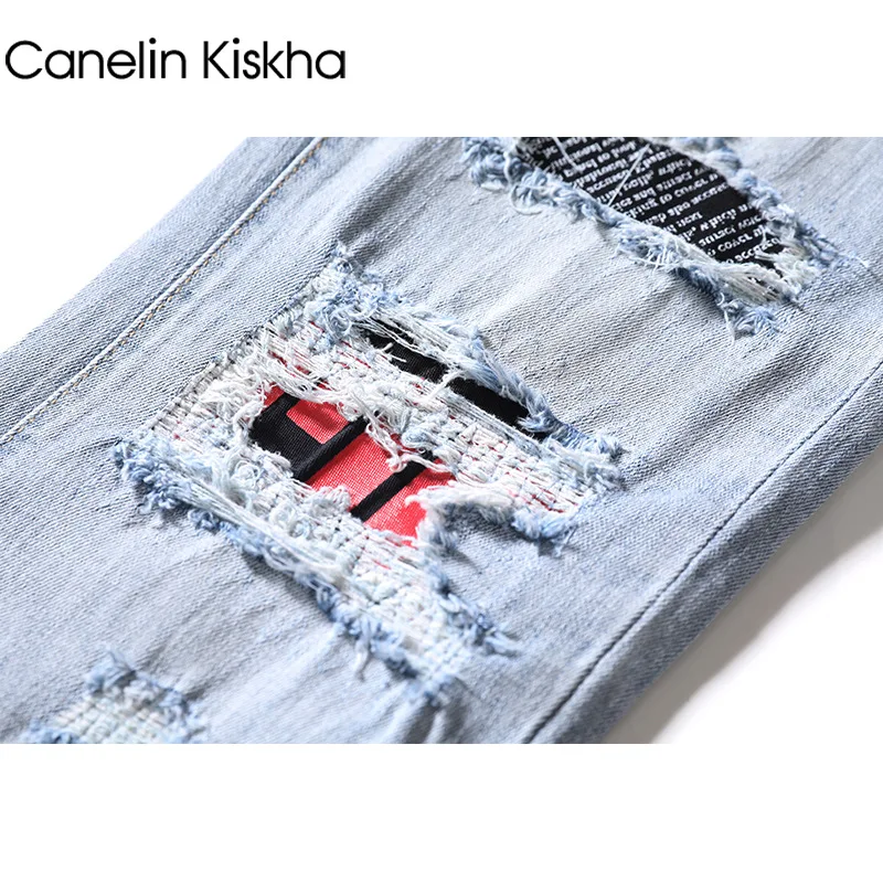 Wholesale 2022 Fashion Light Luxury Hip Hop Light-colored Ripped Jeans Men\'s Patch Hot Drilling Skeleton Beggar Thin Long Pants