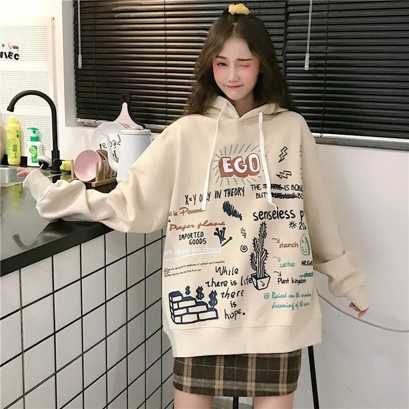 Винтажный женский свитер с принтом кактуса в стиле хип-хоп, бархатные корейские женские толстовки с капюшоном, осень, Свободные теплые женские пуловеры - Цвет: Хаки