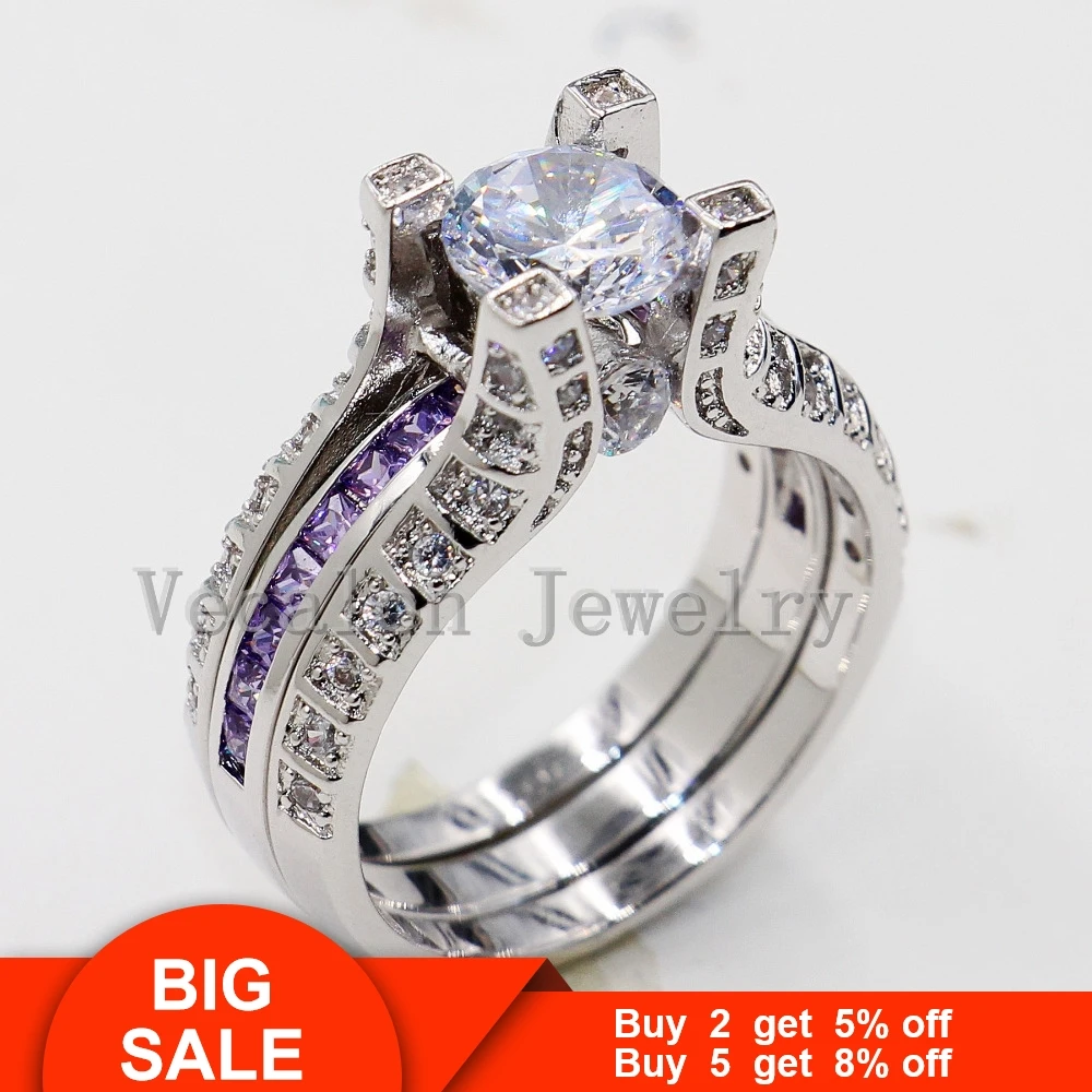 Vecalon 5ct Amethst AAAAA Циркон Cz 2-в-1 Обручение обручальное кольцо для Для женщин 14KT кольцо из белого золота с вечерние кольцо