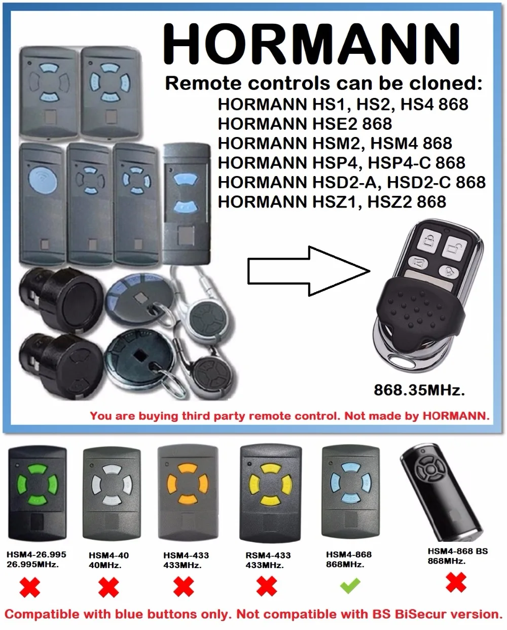 

HORMANN HS1 HS2 HS4 868 MHZ Cloning Remote Control HORMAN HSM4 HSM2 Wireless 4 Keys Duplicator Gate control for Garage Gate Door