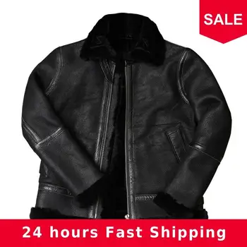 

2020 Black Men Military Style B3 Bomber Shearling Coat Large Size XXXXL Genuine Sheepskin Russian Warm Aviator Leather Coat