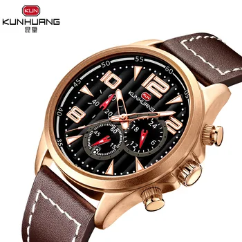 

Top Brand KUNHUANG Men Business Quartz Chronograph Watch Multifunction Leather Sports Waterproof Luminous Watch Top Quality