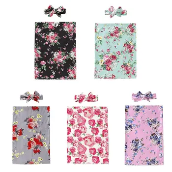 

2Pcs/set Newborn Bow-knot Hair Band Floral Printed Blanket Infants Wrapped Towel Headband for Baby Shower Birthday Gifts