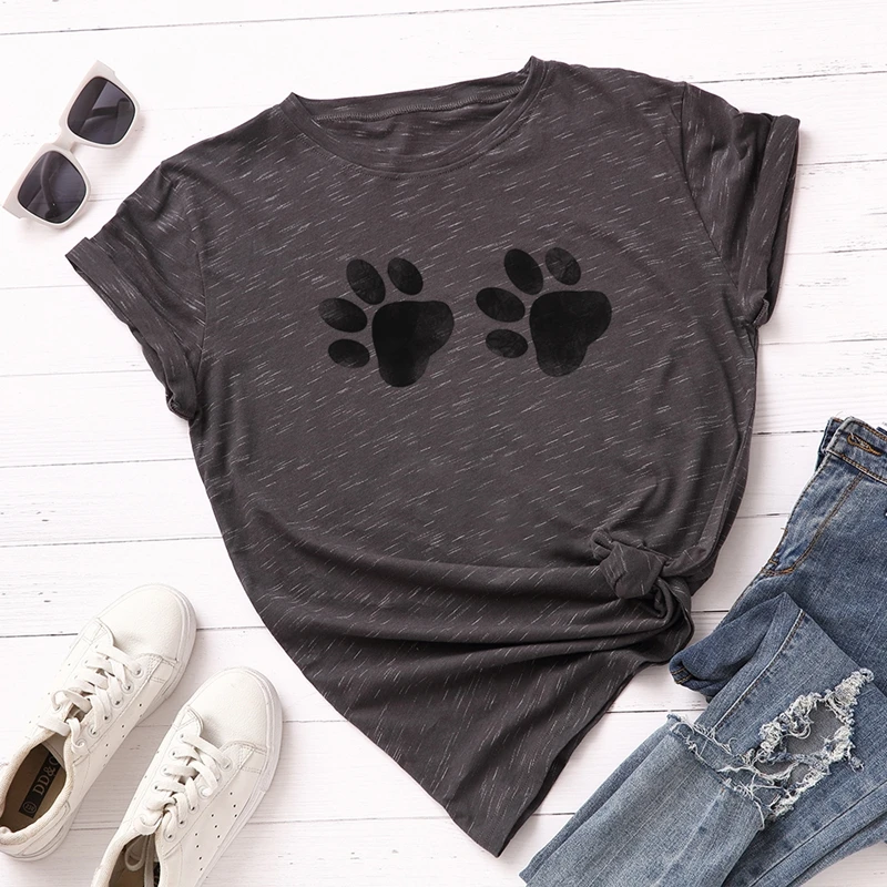 Women Cotton Plus Size T-shirt Graphic Tee Summer Tops Short Sleeve Top Tees Funny Cute Dog Paw Print T Shirts Female Shirt - Цвет: LX Gray