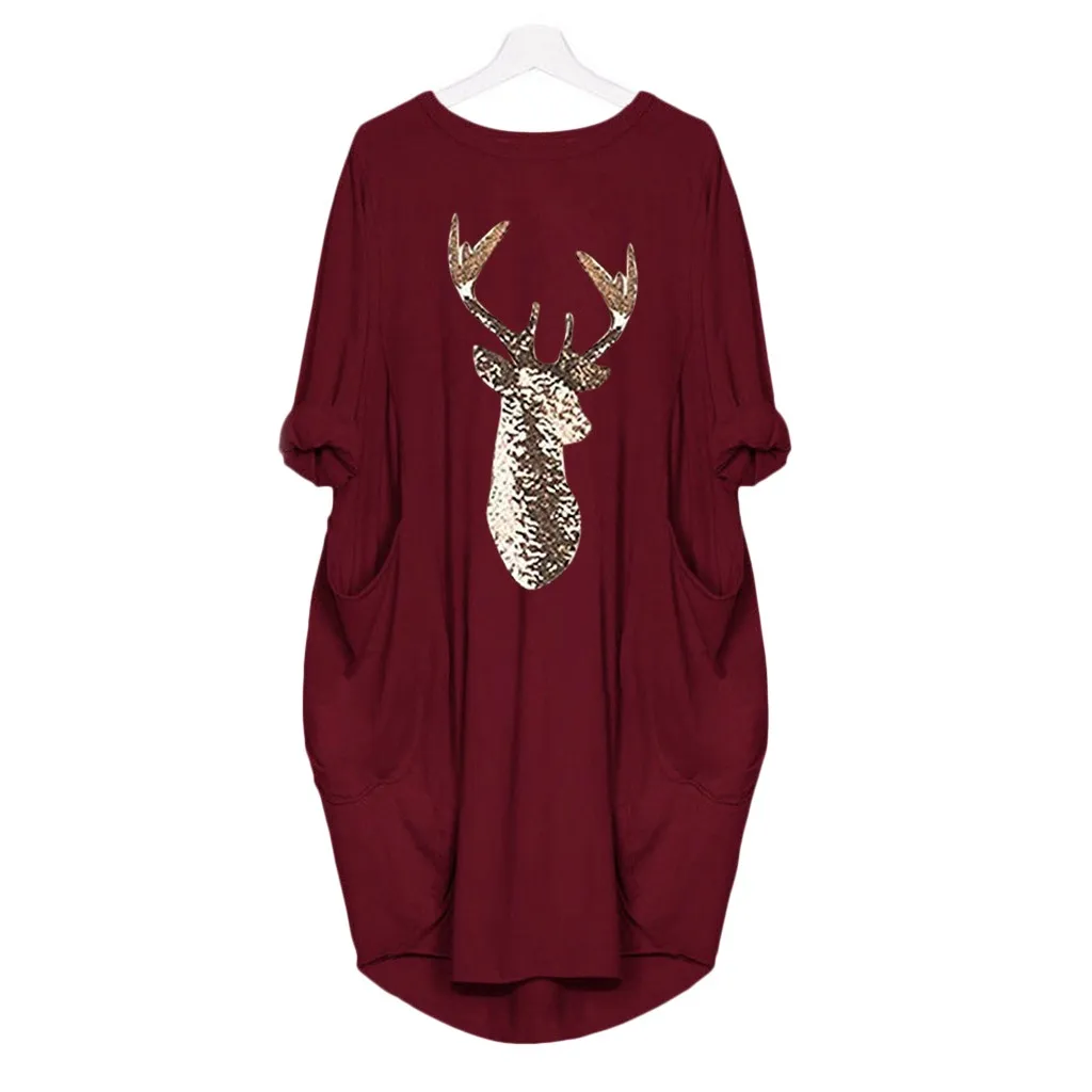 JAYCOSIN ladies dress winter large size round neck long sleeve solid color pocket dress Christmas antler print casual fashion