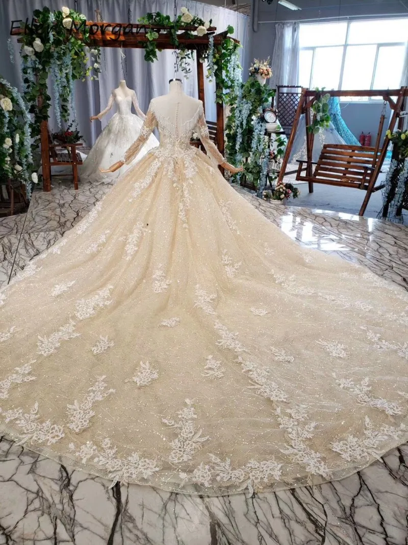 Vestidos De Novia Роскошные Блестящие Свадебные платья 2019 кружева длинный рукав с вырезом и аппликацией бусинки блестки формальные Бальные платья