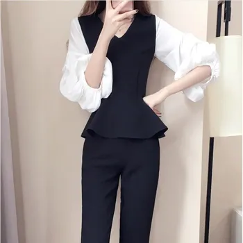 

Work Suits Lady Casual Blouse Pencil Pant Two Piece Office Sets Female Suit Set