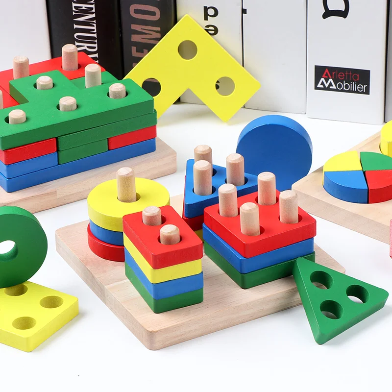

DIY Wooden Building Blocks Geometric Shape Pairing Board Model Set cognitive Montessori Early Educational Toys For Children Kids