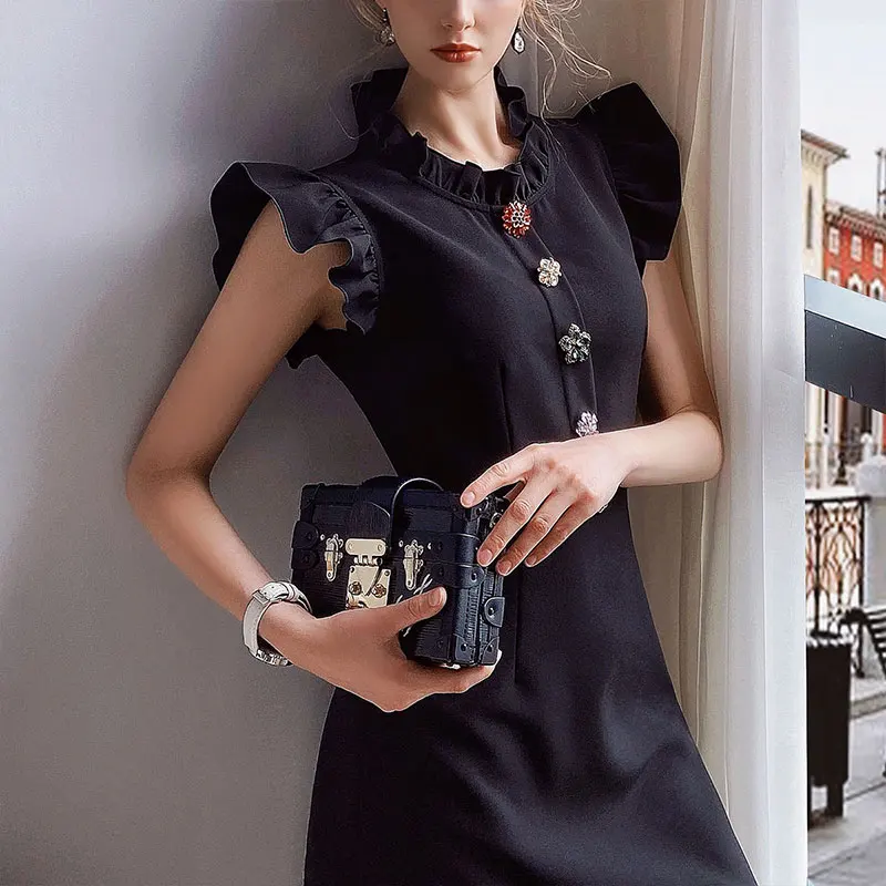 Dabuwawa Exclusive Vintage Black Summer Dress Women Sleeveless Single Breasted A-Line Ruffle Neck Elegant Dress Ladies DO1BDR003