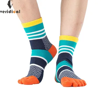 

VERIDICAL Mens Summer Cotton Toe Socks Striped Contrast Colorful Patchwork Men Five Finger Socks Free Size Basket Calcetines