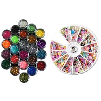 

1 set 24 Colors Acrylic Glitter Sequins Nail Art Decoration & 1200Pcs Wheel Mixed 3D DIY Nails Rhinestones Decoration