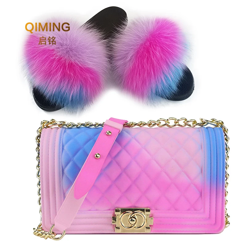 

Woman Multicolor Fur Slippers Set Bag&Rainbow Sandals Slides With Matte Colorful Jelly Purse Bags Match Sets