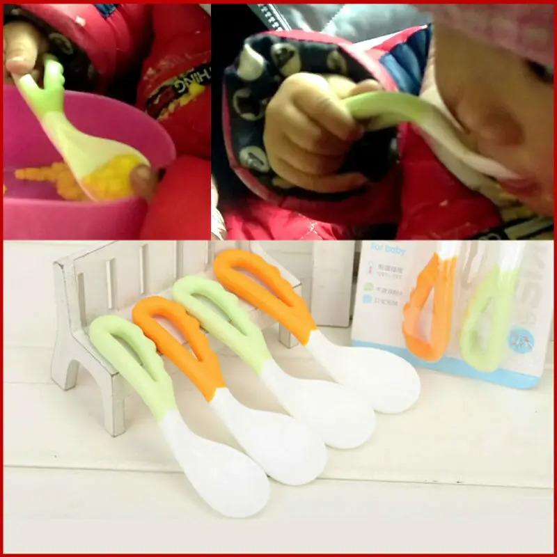 

Pack of 2 Baby Learn Eating Curved Spoon Head Tilt Training Tableware Children Elbow Handle Practice Spoon Arc Fork Spoon