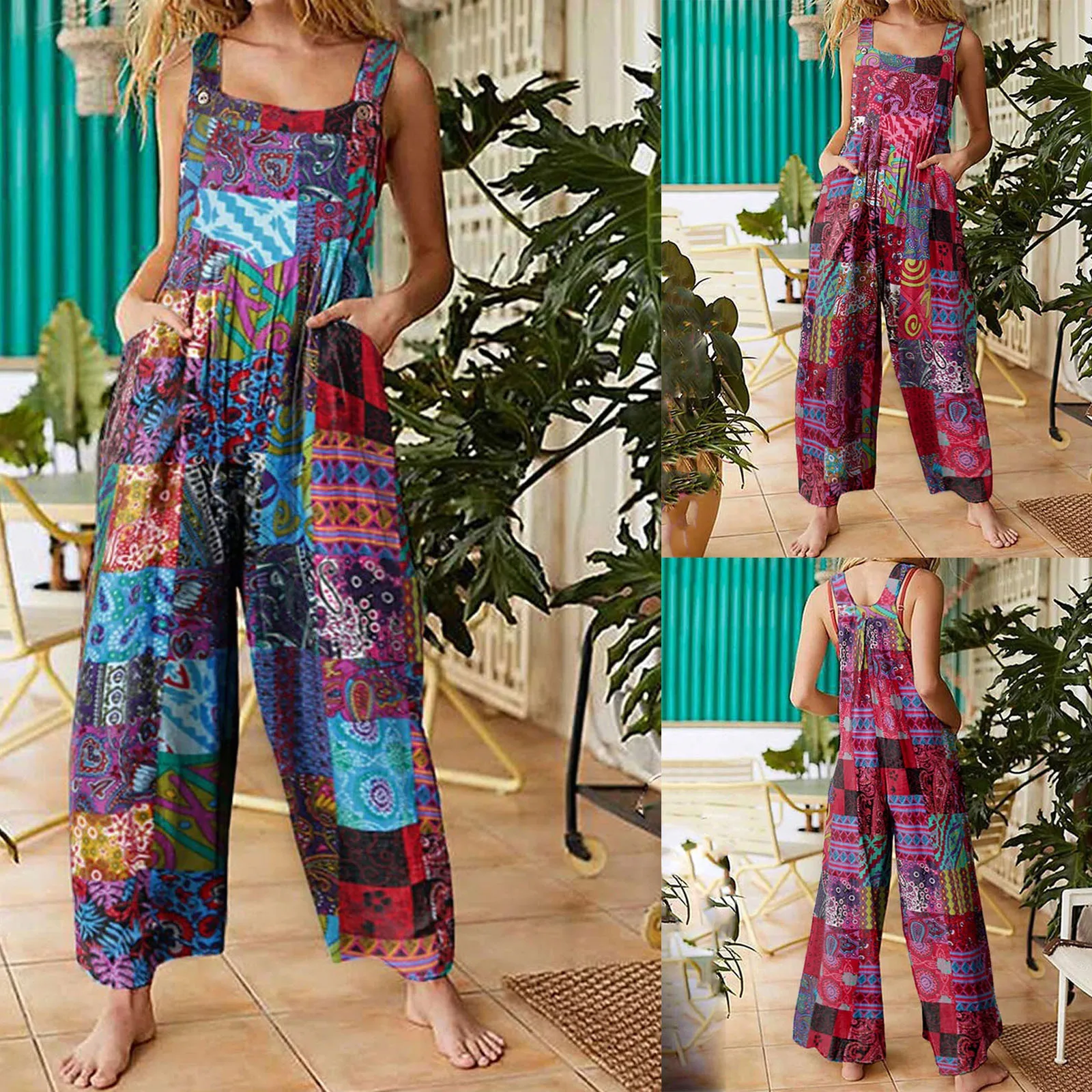 Women Ethnic Style  Jumpsuits Summer Overalls Multicolor  Square Neck Sleeveless Casual Rompers with Pockets for Girls Playsuit women ethnic style jumpsuits summer overalls multicolor square neck sleeveless casual rompers with pockets for girls playsuit