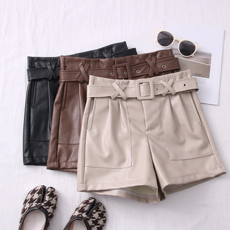 

2021 Autumn Winter Women High Waist PU Shorts A Line Wide Leg Leather Shorts Ladies All Match Pockets Casual Shorts With Belt