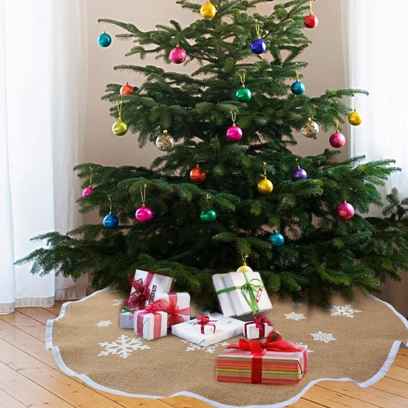 

Linen Burlap Christmas Tree Skirt Border Large 48 Inches Round Indoor Outdoor Mat Xmas Party Holiday Decorations