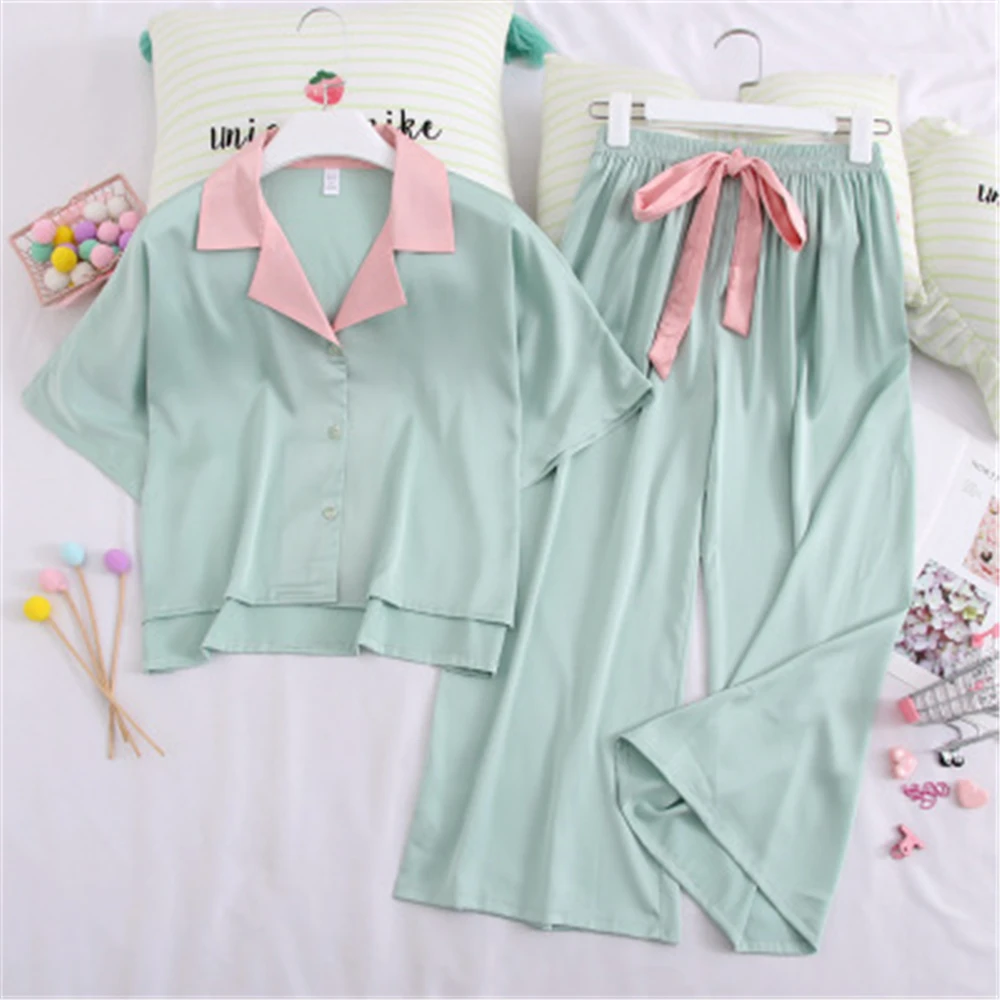 

Casual Turn-down Collar Short Sleeve Long Pants Sleepwear Faux Silk Female Pajamas Sets Summer Homewear For Women