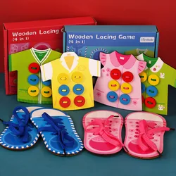 Vestir sapatos de madeira placa lacing sapato brinquedo aprender a amarrar laços threading prática amarrando cadarços placas montessori educacional brinquedos
