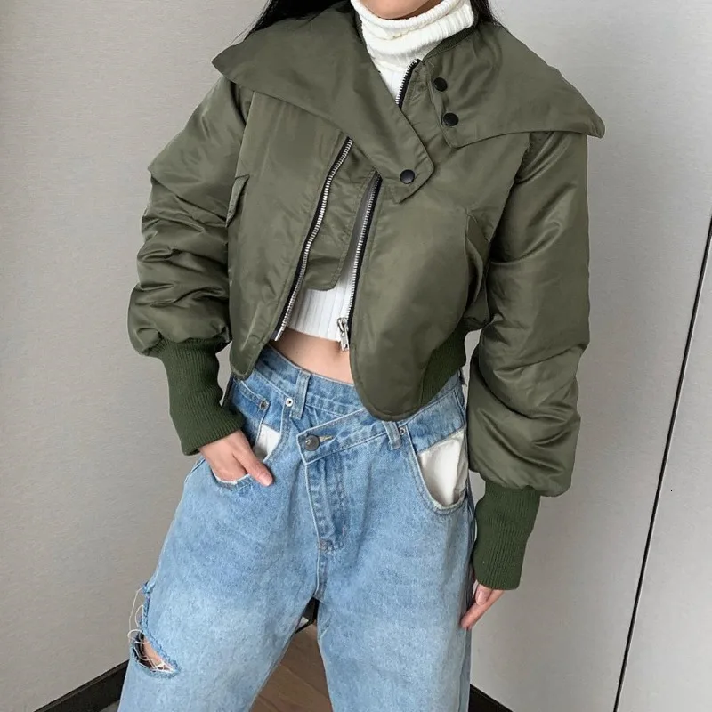 

Military Style Women Cropped Jacket 2019 Cape Cloak Army Green COtton Padded Zipper Short Women Jacket Winter Streetwear B030