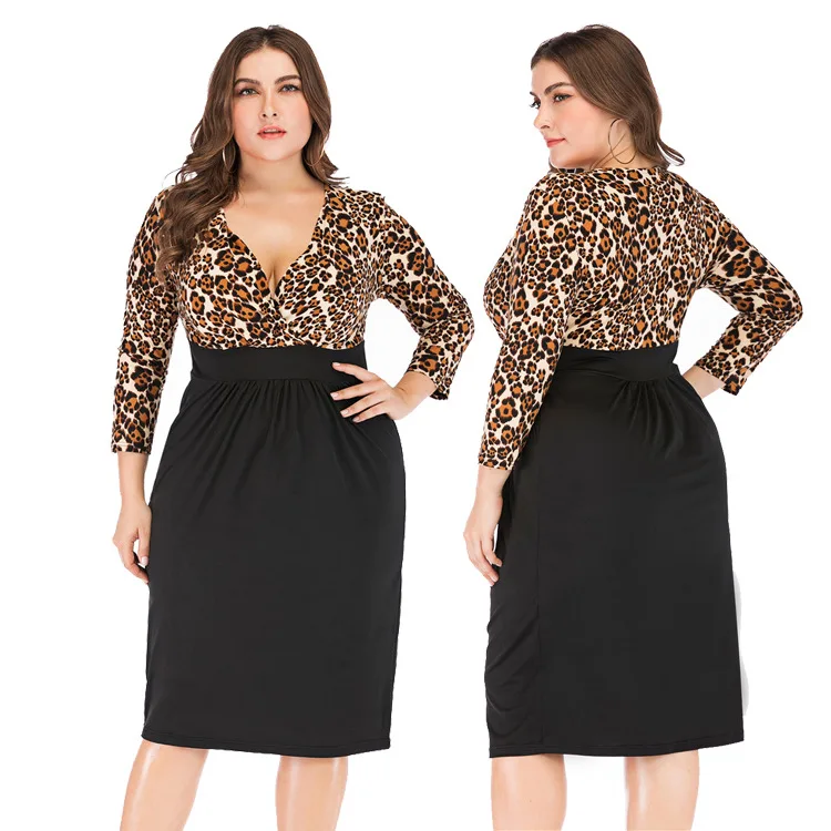 

XL Sexy V-neck Nine-point Sleeves Slim Dress 2020 Spring And Autumn Leopard Stitching Black Knitted OL Professional Ladies Dress
