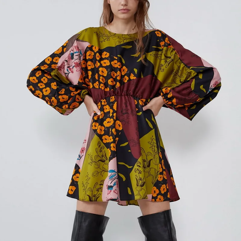 

Vintage Women Dress Autumn 2019 New Fashion Floral Prints Patchwork Above Knee Modern Lady Dresses Feminino Vestidos
