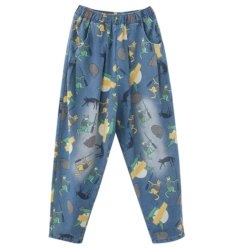 Spring Autumn Jeans Woman New Elastic High Waist Cartoon Animal Print Pocket Loose Casual Washed Denim Harem Pants Trousers
