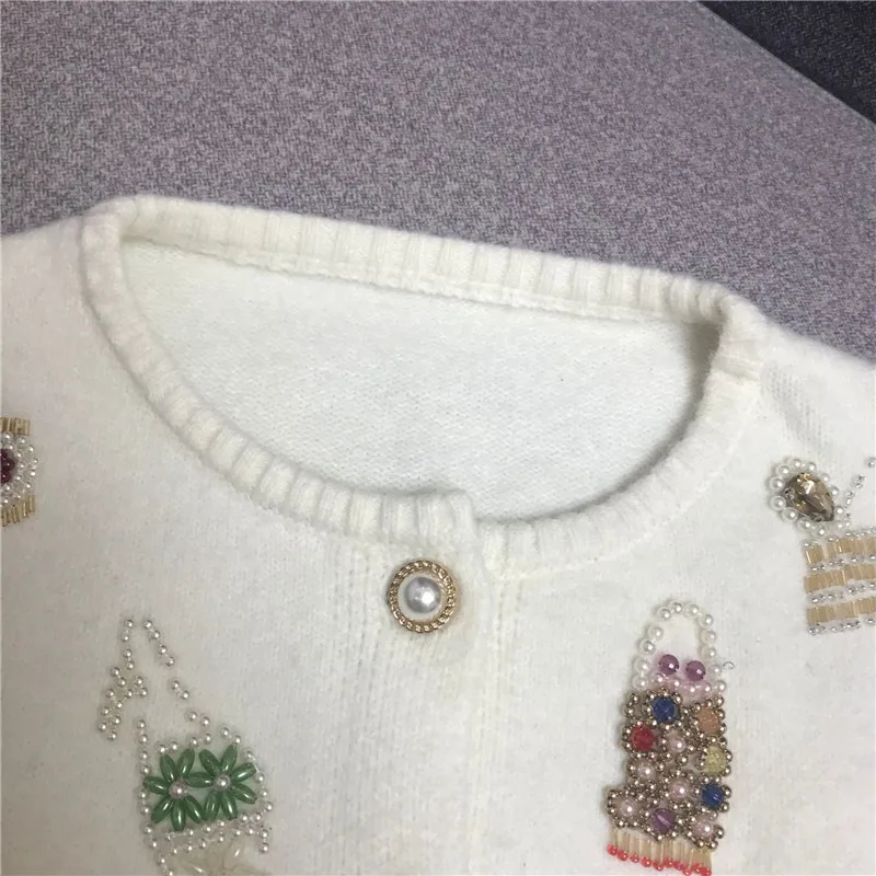 Роскошный дизайнерский брендовый вязаный свитер для женщин, винтажный свитер с круглым вырезом и бусинами, украшенный жемчугом, с блестками, ручной работы, Свободный вязаный кардиган, свитер