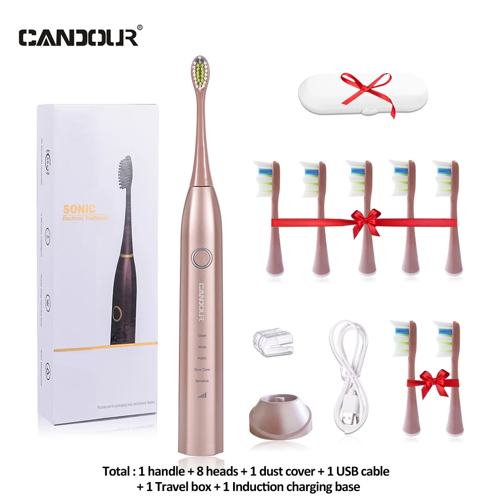 thumbnail image 1 of Cepillo de dientes sónico CANDOUR CD5168, recargable por USB, para adultos, IPX8, resistente al agua, ultrasónico, 15 modos, con estuche de viaje, 1 of 5