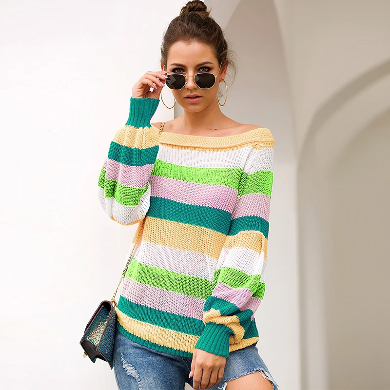 

Casual Sweater Women Autumn Sexy Off Shoulder Striped Long Sleeve Sweater Leisure Colorful Patchwork Pullover Top Pull Femme