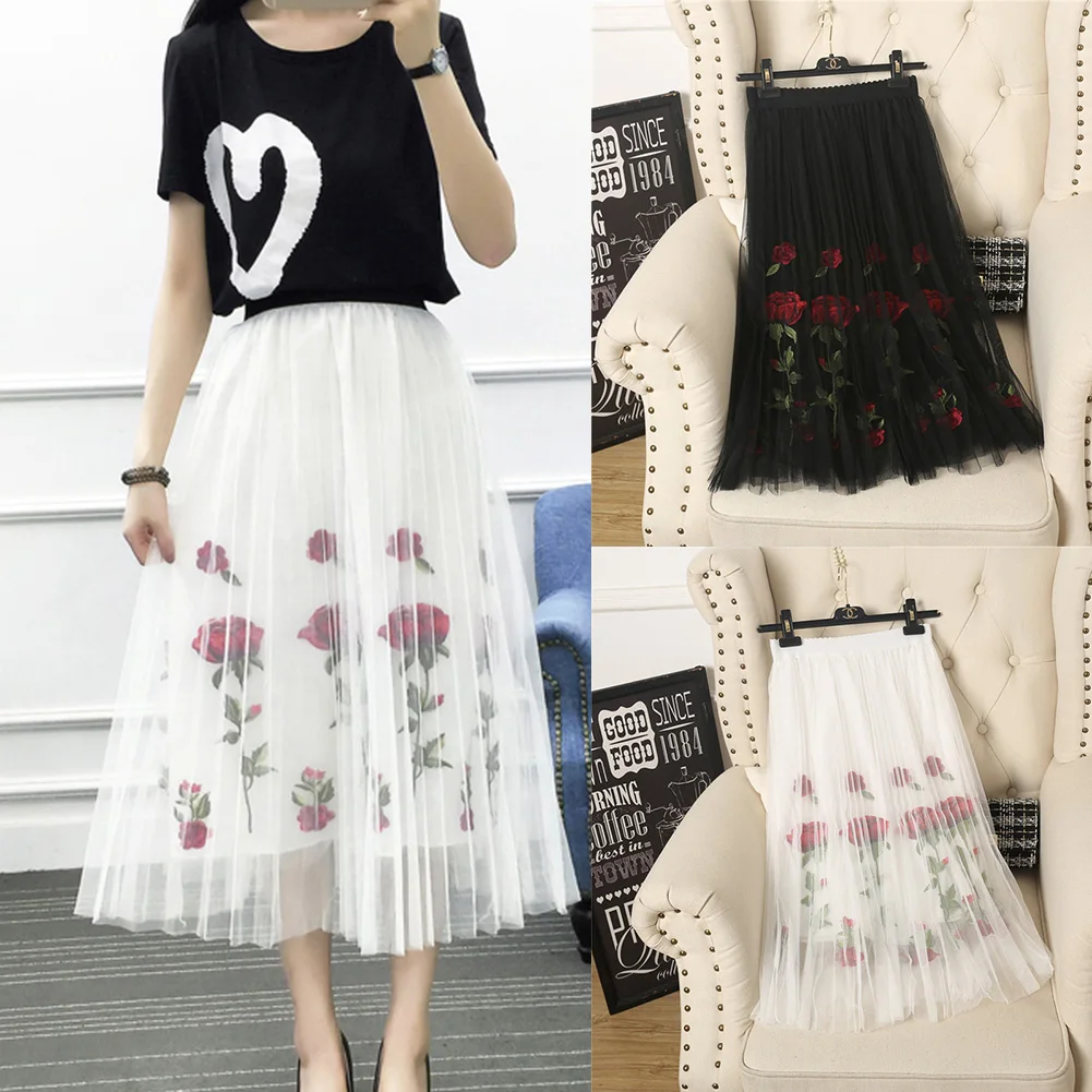 Модные женские плиссированные юбки лето винтажная сетчатая юбка-пачка с вышивкой розы богемная трапециевидная пляжная юбка женская Saia Faldas