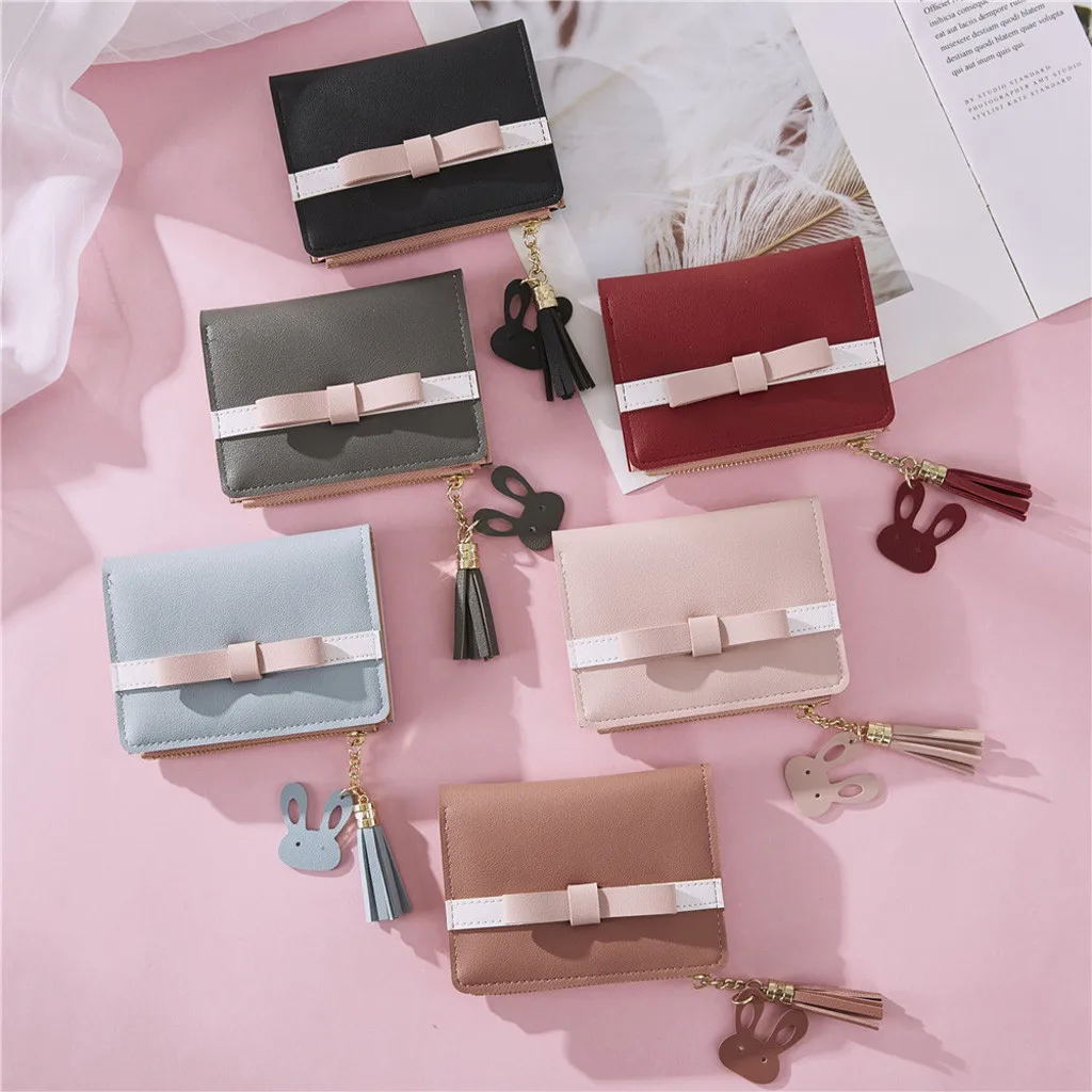 

MAIOUMY Wallet Candy Color Women Wallets Bow Short Student Tassel Coin Purse Zipper Card Case Portefeuille femme free-shipping